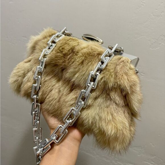 Natural Genuine Fox Fur Handmade Push Lock Clutch/Shoulder Bag/Crossbody - Picture 12 of 16